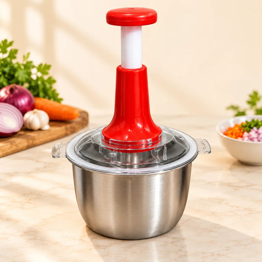 Red example of the 2L manual hand-press chopper with stainless steel bowl