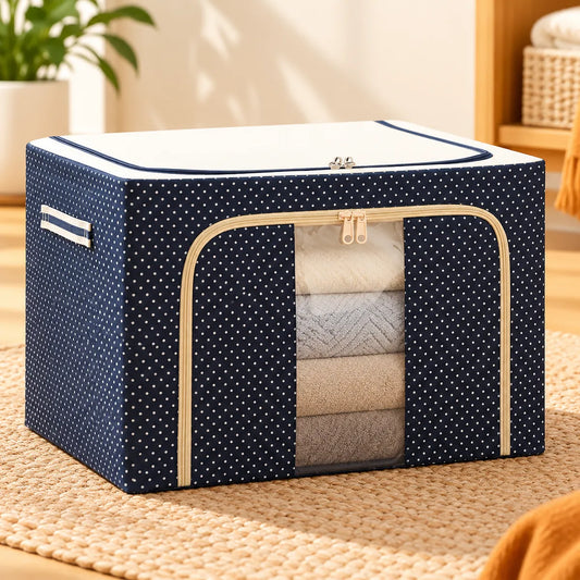 Dotted example of a foldable metal-frame clothes storage bag with clear window