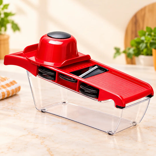 Red example of the mandoline vegetable slicer on its collection container
