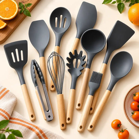 Selection of grey silicone kitchen utensils with wooden handles from the assorted set