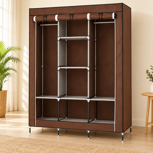 Brown three-door portable fabric wardrobe with its front panels rolled up