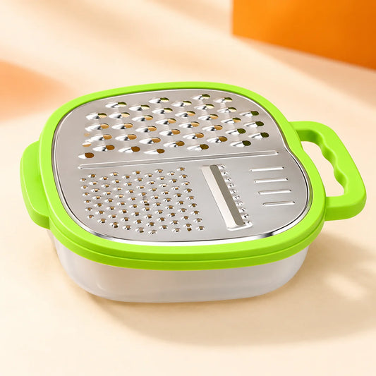 Green three-function cheese and vegetable grater with its collection tub