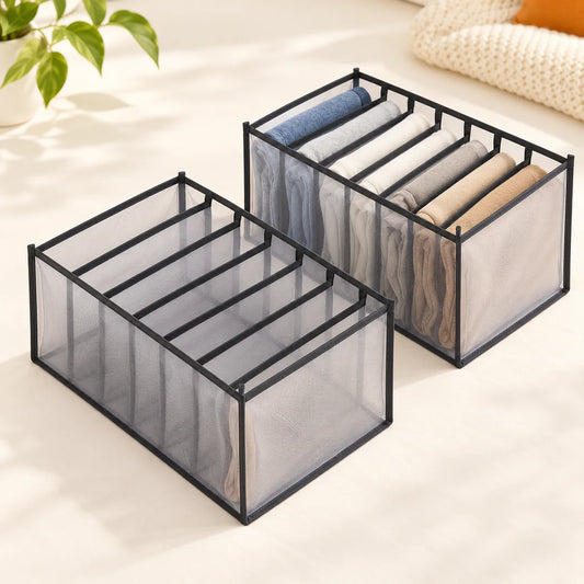 Pack of two 7-grid grey mesh wardrobe organizers with black edging