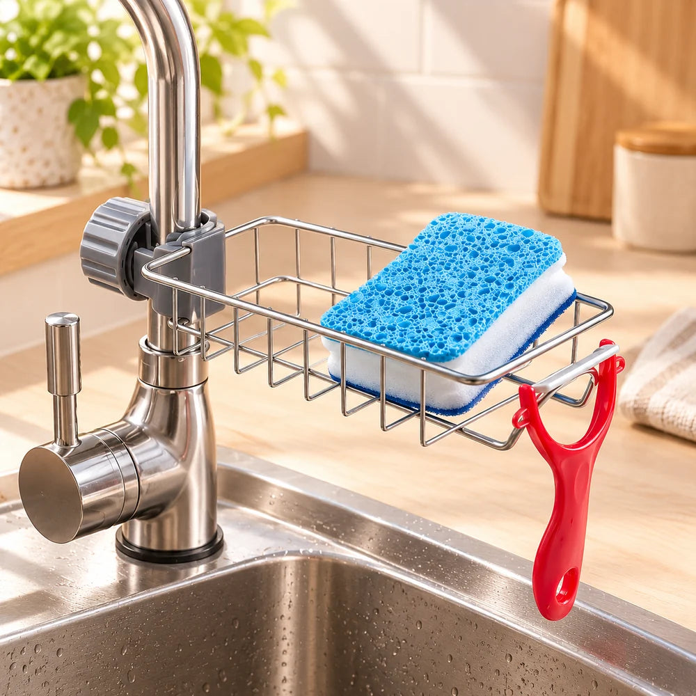 Faucet-Mounted Sink Organizer Basket — everyday home use