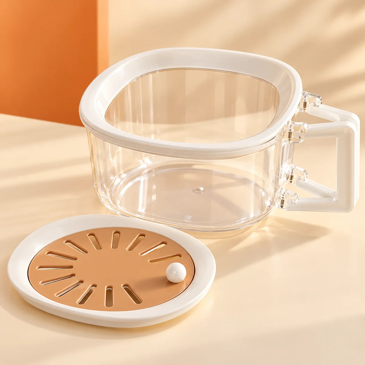 Fruit washing bowl and its drain-style lid shown separately