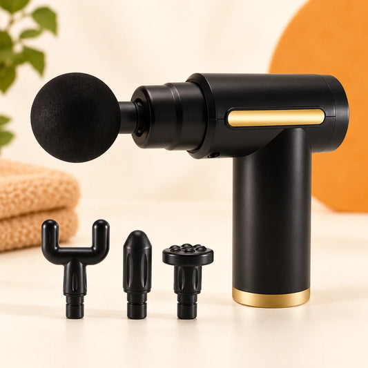 Black and gold handheld massage gun with ball head fitted and three spare heads