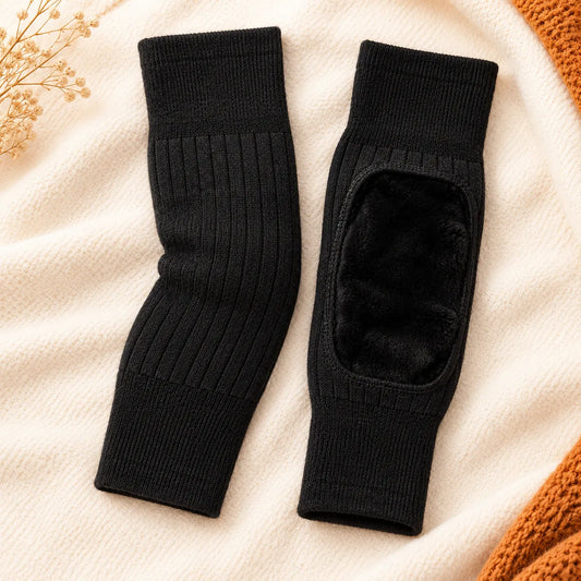 Pair of two black knit thermal knee warmer sleeves