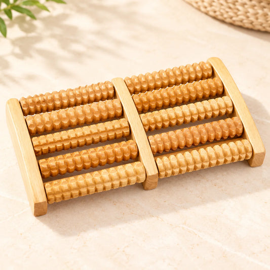 One natural wooden foot massager with two roller sections